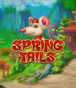 A whimsical illustration of a white rat dressed in traditional Chinese attire standing in a picturesque landscape with mountains. The image promotes the Spring Tails Slot by Betsoft, highlighted with bold gold and red logo lettering.