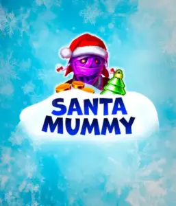  Experience the whimsical "Santa Mummy" slot game by Belatra, featuring a Santa-clad mummy decked out in festive holiday attire. This eye-catching image portrays the mummy with a bright purple hue, wearing a Santa hat, surrounded by snowy blue with frosty snowflakes. The game's title, "Santa Mummy," is clearly shown in large, frost-like blue letters.